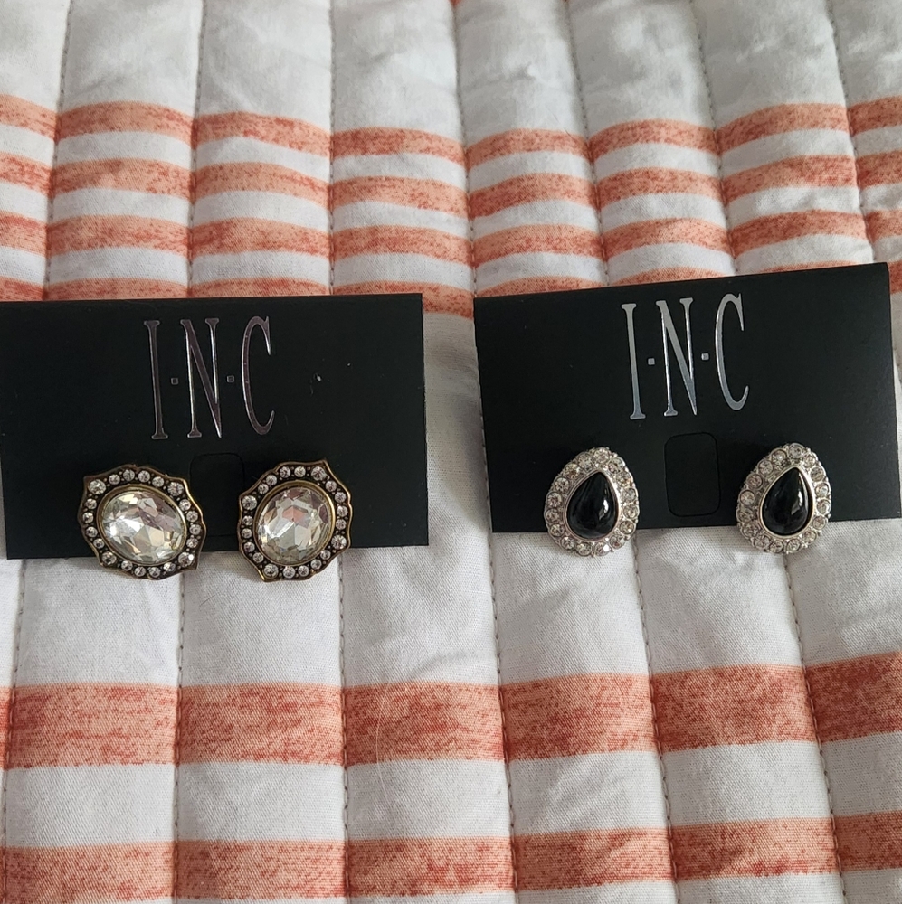INC Teardrop Black and Crystal Earrings 2 pairs of studs small-medium new gold/s